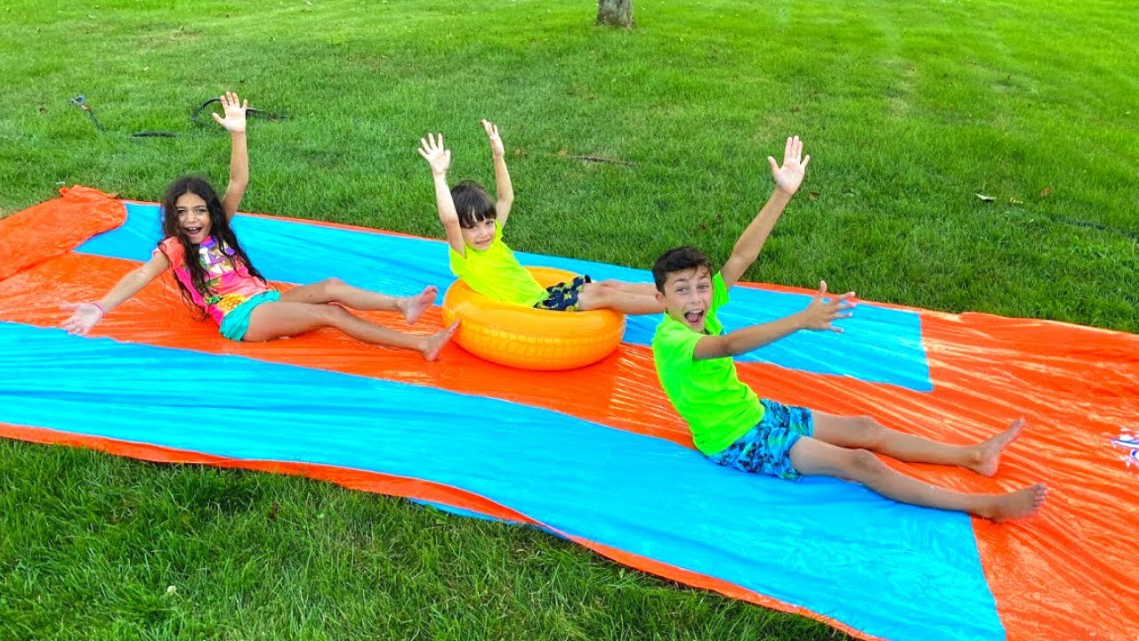 Water Slide Challenge with HZHtube Kids Fun - Heidi and Zidane