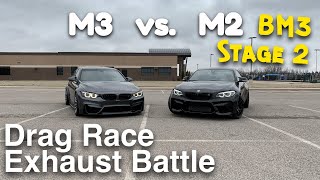 Stage 2 BMW M2 vs. BMW M3! Roll Race, Drag Race & Sound Comparison!