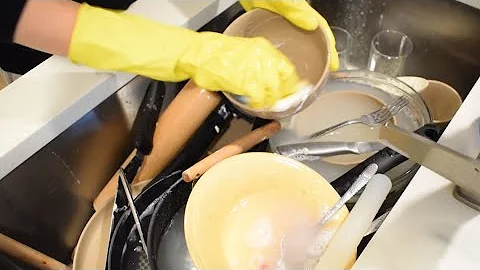 ASMR Washing dishes by Hand after Cooking all day ! Rubber gloves . Clean with me .