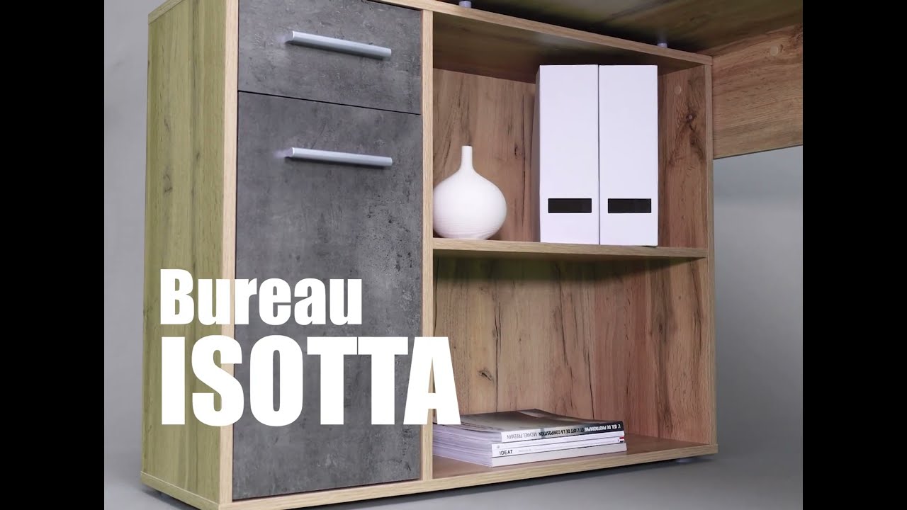 Bureau d'angle ISOTTA avec meuble de rangement, décor chêne sauvage et  béton foncé 