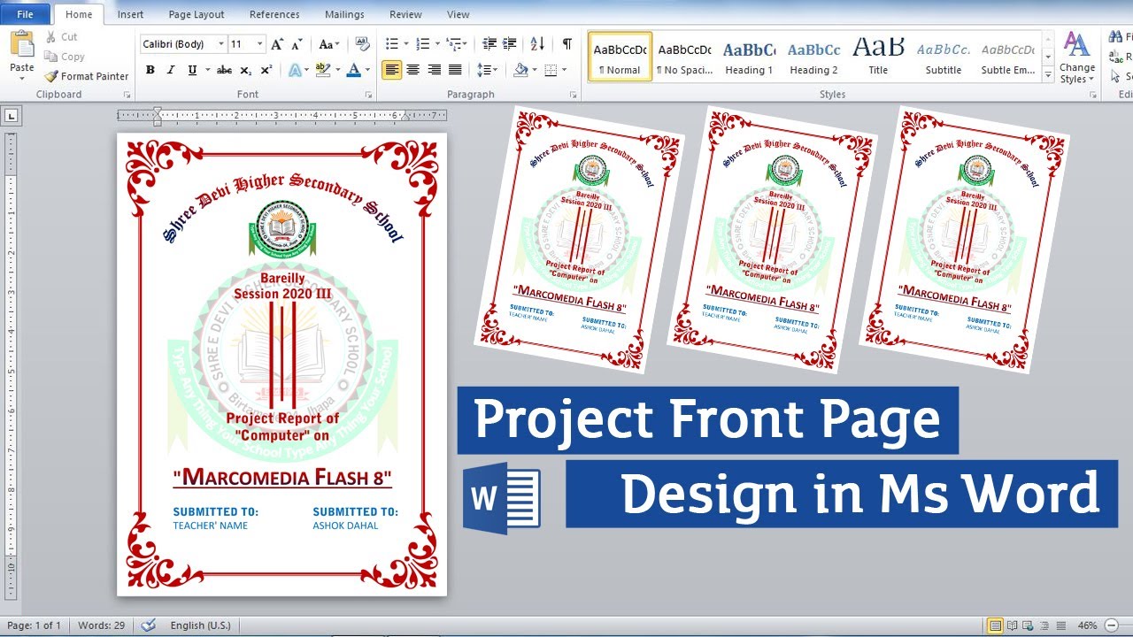 How To Make Front Page Design In Ms Word School College Project Front