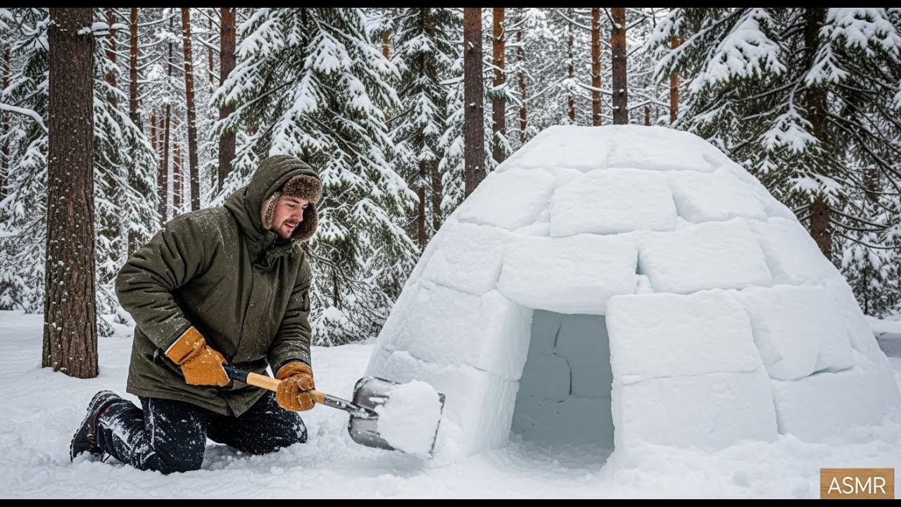 Building a Survival House in Winter Forest (ASMR) | Man Builds a Warm Snow Shelter Alone