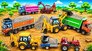 JCB Tractor Loading Gravel into Dumper Truck 🚜 | Tractor Dump Truck | Cartoon Construction Vehicles