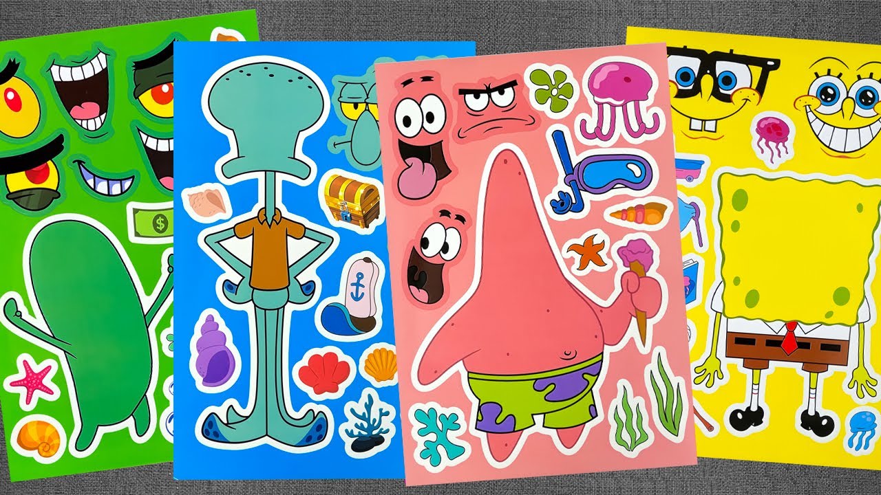 [Paper diy] SpongeBob SquarePants DIY Make a Face Stickers Activity with Patrick, Squidward, Sandy