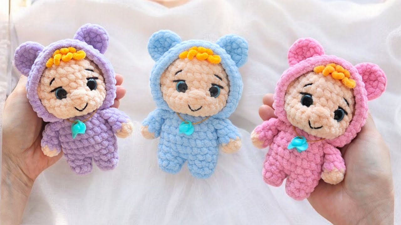Пупс кукла в комбинезоне вязаная крючком из плюшевой пряжи👼crochet baby doll😇gehäkelte Babypuppe