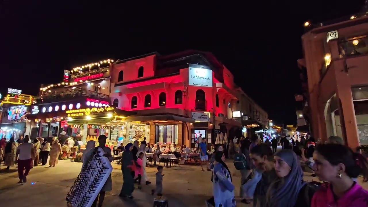 8K Morocco, Marrakesh very popular market street at nighttime 28th of Sept 2025