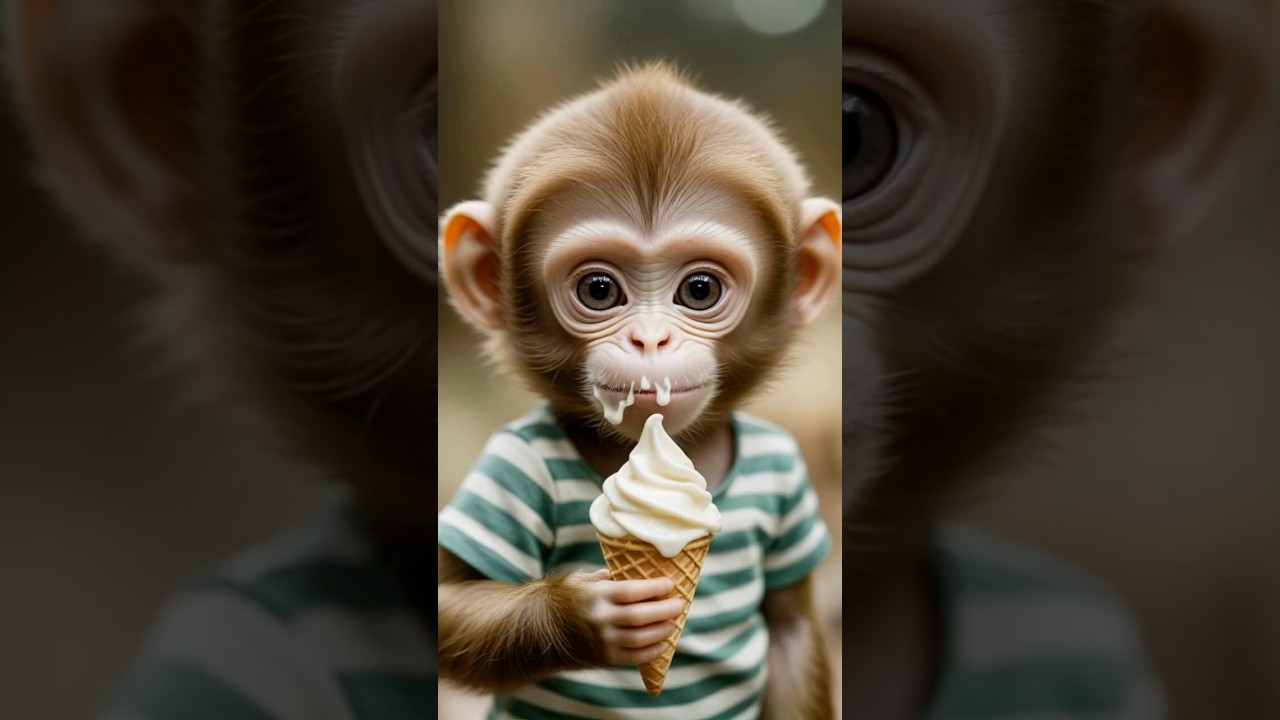 Baby Monkey’s First Ice Cream Experience! 🍦🐒😍