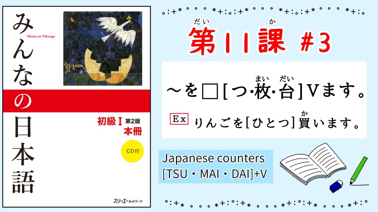 みんなの日本語 11課#3｜Minna no Nihongo1 ｜〜を⬜︎[つ・枚・台]Vます｜Japanese counters [TSU][MAI][DAI]｜りんごを[ひとつ]買います