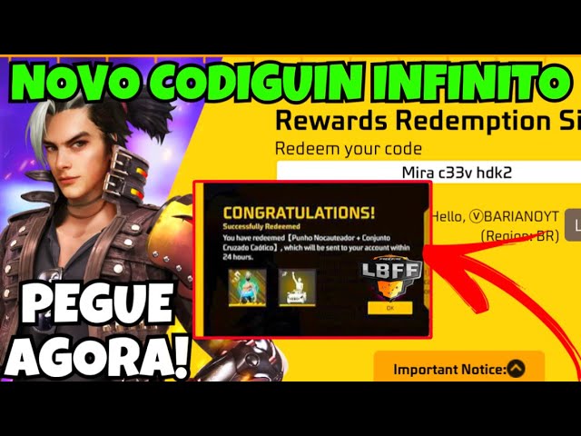 RESGATE AGORA! O MELHOR CODIGUIN INFINITO DO FREE FIRE! FF X