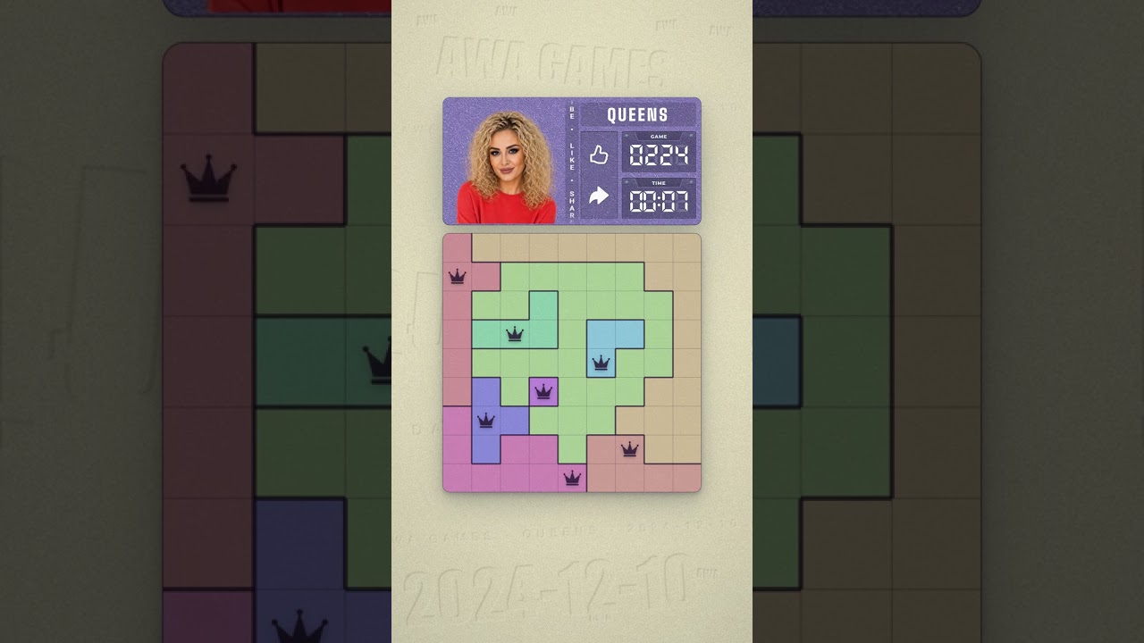 LinkedIn Queens #224 solved board for December 10, 2024, 9x9 grid