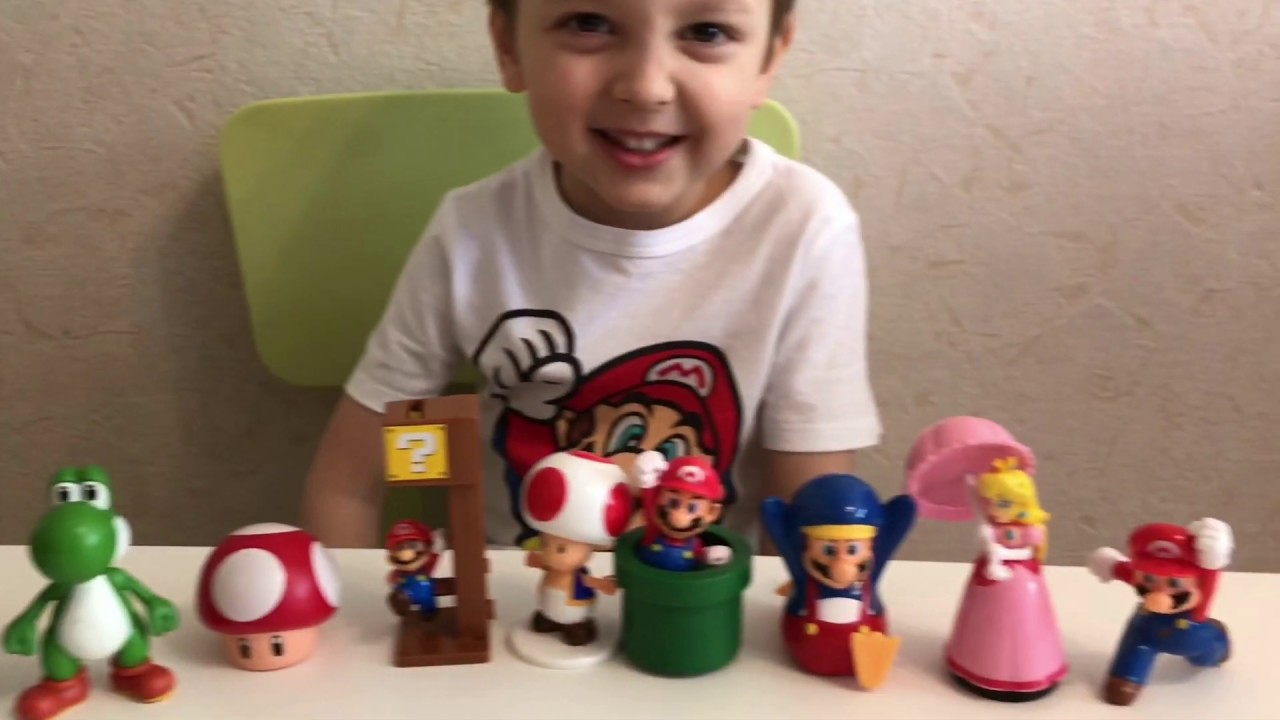 Марио игрушки обзор. Игрушки из Хеппи Мил МакДональдс. Смешное видно для детей. Марио, Луиджи и Пич!