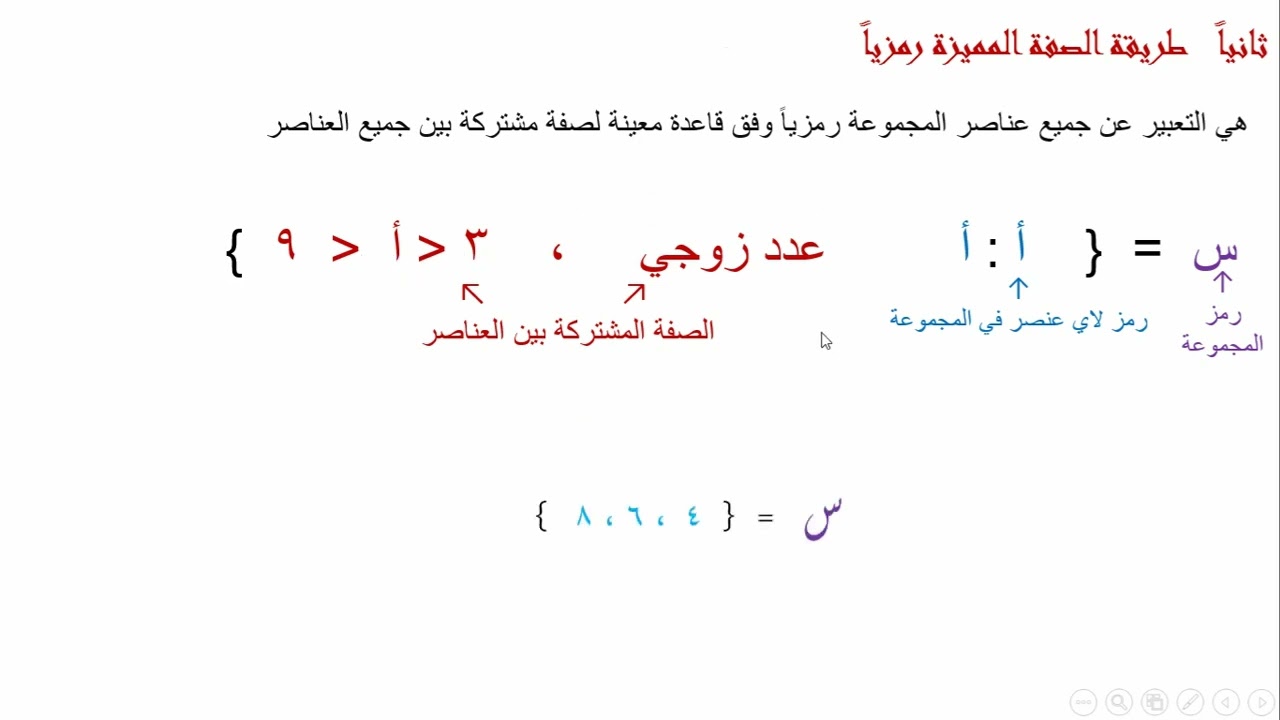 شرح درس كتابة المجموعة بطريقة الصفة المميزه رياضيات الصف التاسع