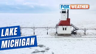 Drone Video Shows Ice-Covered Lake Michigan