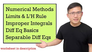 24 Calculus 2 Exam Review Problems (midpt/trapezoid/Simpson, improper integrals, L’H rule, diff eqs)