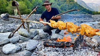 I made a Water Skewer from Mushrooms! Crispy Chicken Next to A Beautiful River!