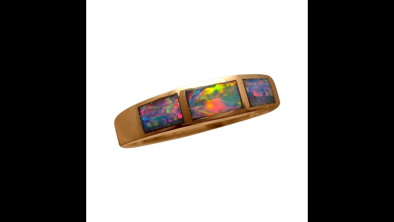 Inlay Opal Ring 14k Yellow Gold Band Bright Multi Colors | FlashOpal