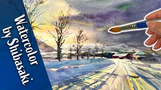Healing Watercolor Art |  Norway Winter Landscape ,Snowy village