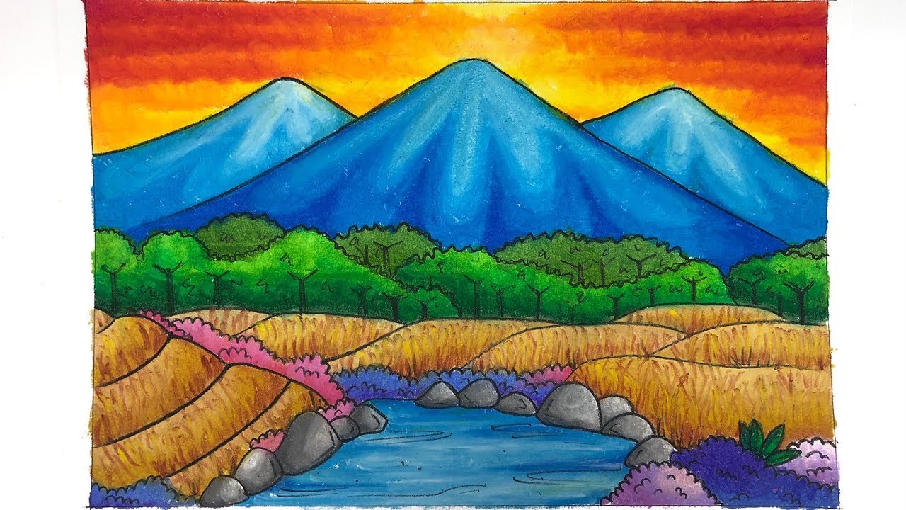 Mewarnai Pemandangan gradasi dengan Crayon Oil Pastel 