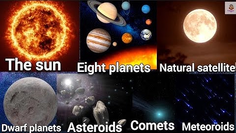 Components of solar system,The  sun, Eight planets, Dwarf planets, Asteroids, comets, meteoroids