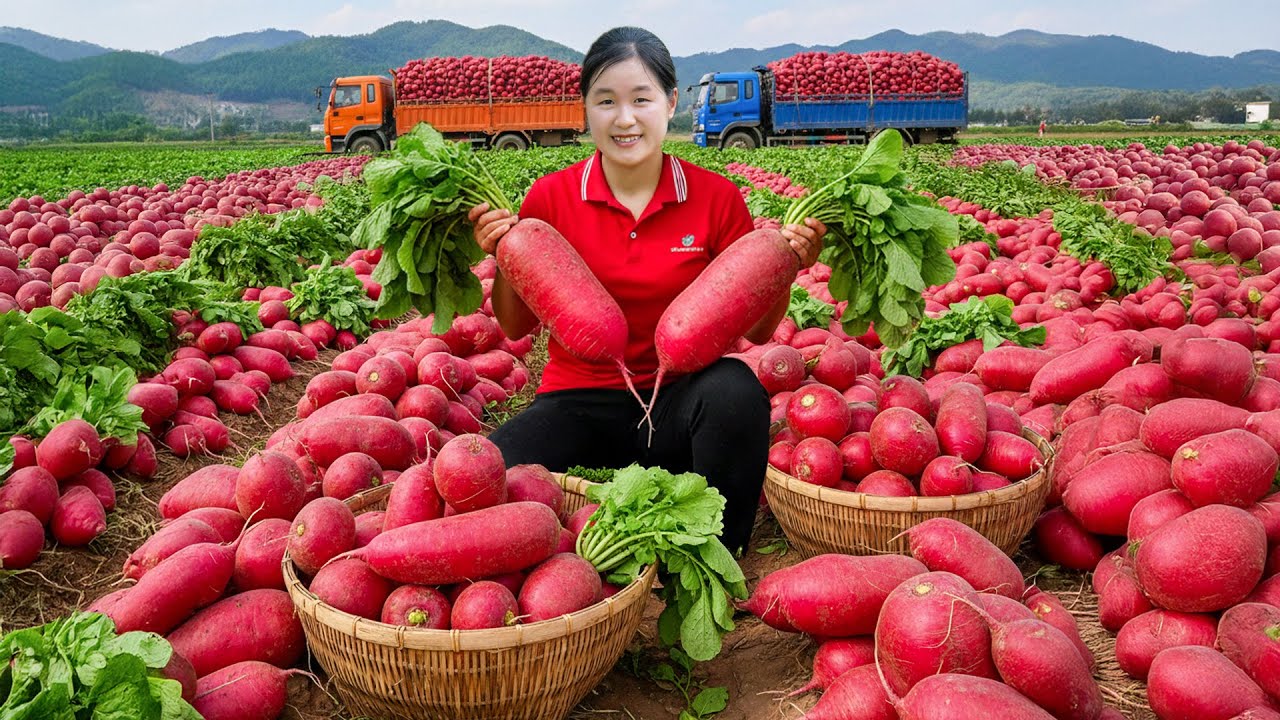 FULL VIDEO -- How to Solo Harvesting 1000+ Kg Red Garden Radish - Elli Go to Countryside Market Sell