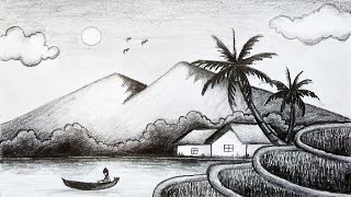 Cara Menggambar Sketsa Pemandangan Sawah dan Gunung Pensil Gambar | How To Draw Sketch Scenery