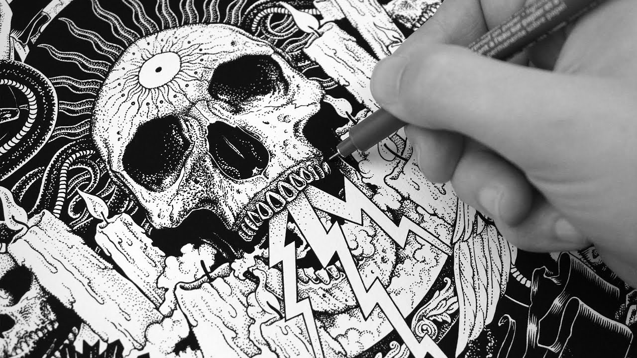 Drawing a Skull Album Cover with Ink | Time lapse