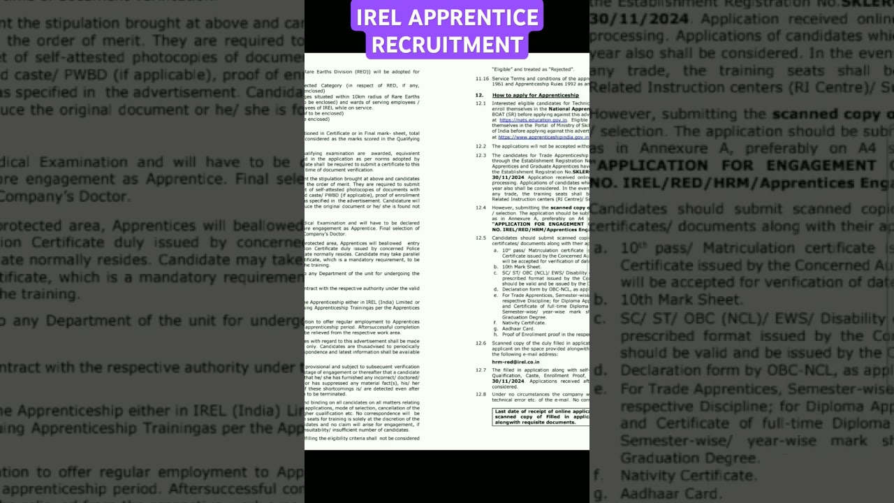 IREL APPRENTICE RECRUITMENT 