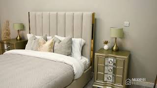 Chloe Neutral Beige Bed With Gold Trim And Ottoman Storage