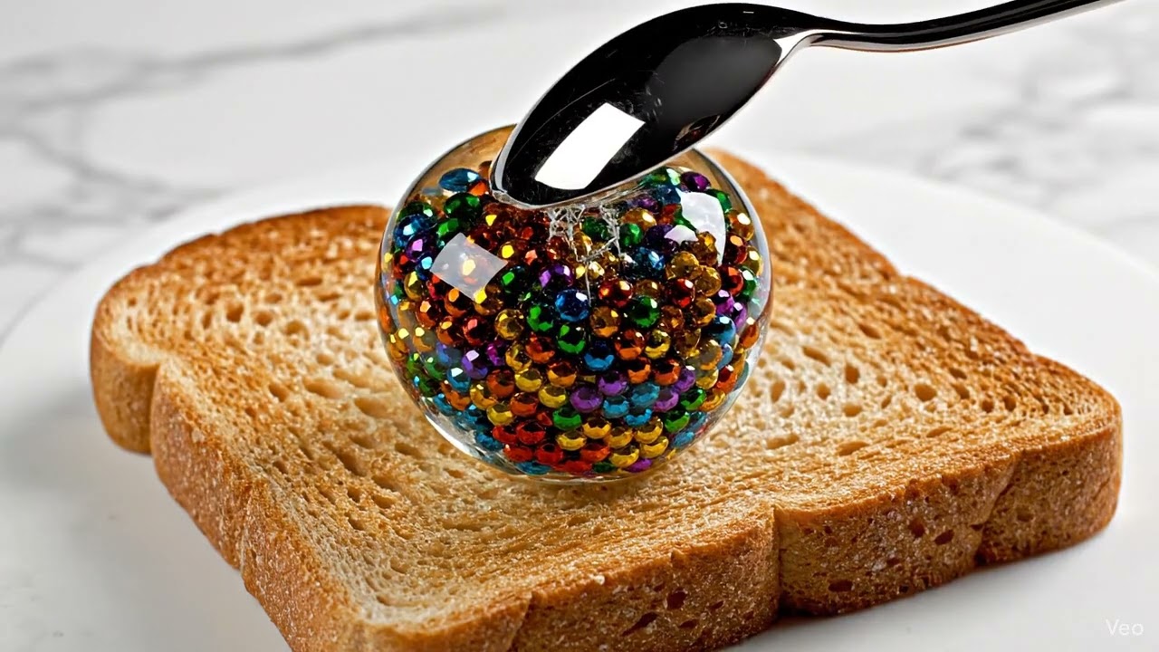 AI ASMR Spreading Glass Fruits on toast 