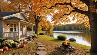 Autumn Lakeside Cottage Ambience 🍂☕ Cozy Porch, Soft Piano with Crackling Fire for Stress Relief screenshot 4