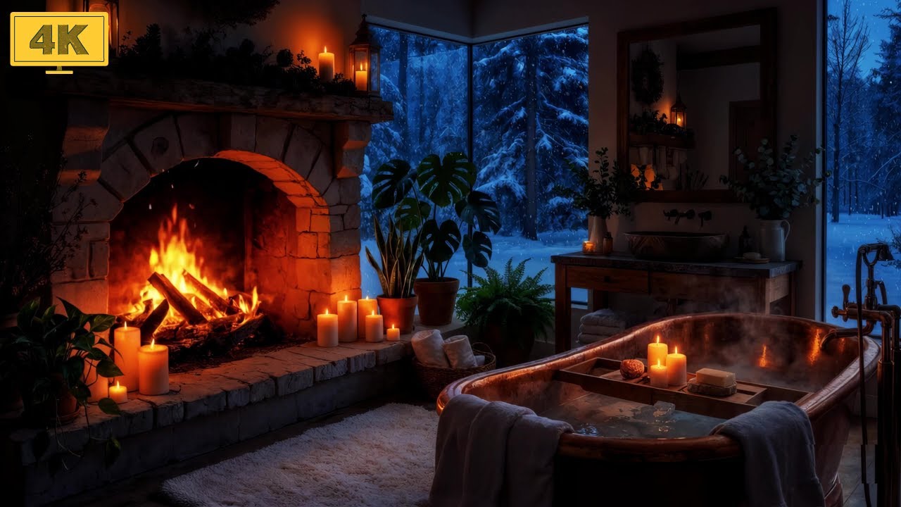 Winter Forest Bathroom Cabin ❄️ Violin Music Ambience & Crackling Fireplace for Work & Relax