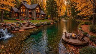 Cozy Fall Cabin by the River 🍂🍁 Crackling Campfire & Soft Piano Music for Relaxation, Sleep screenshot 3