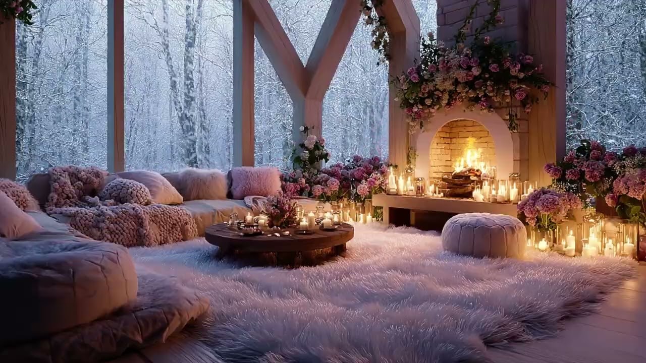 Glowing Hearth Winter Cabin Ambience | Cozy Fireplace Crackle & Gentle Snowfall for Sleep ❄️🔥