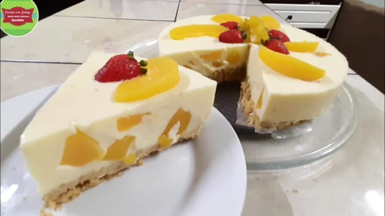 Cheesecake de durazno sin horno - pay de queso crema con durazno / Cocina  con Jenny - YouTube