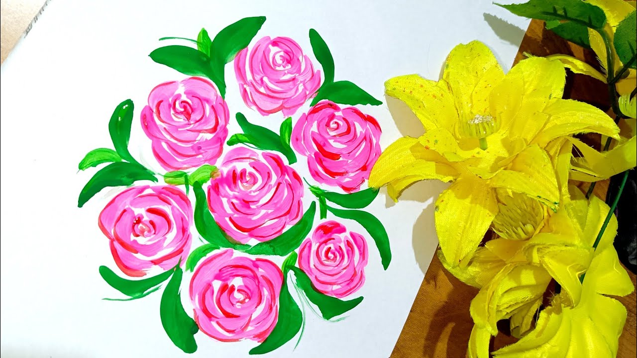 one stroke rose painting tutorial/using round thin brush/acrylic