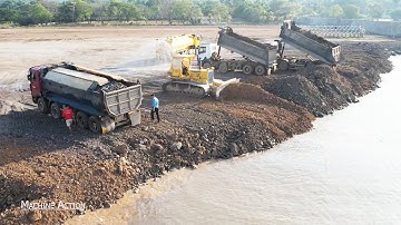 Technique Skill Driver Strong Power Bulldozer Pushing Clearing Stone & Dump Truck Unloading Stone