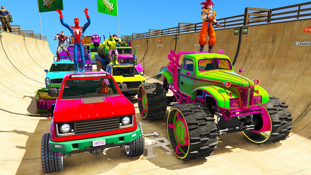 GTA V Superheroes SPIDERMAN Cars DEADPOOL Ramp Challenge with Super Cars | GTA 5 Hulk Car Stunt Race