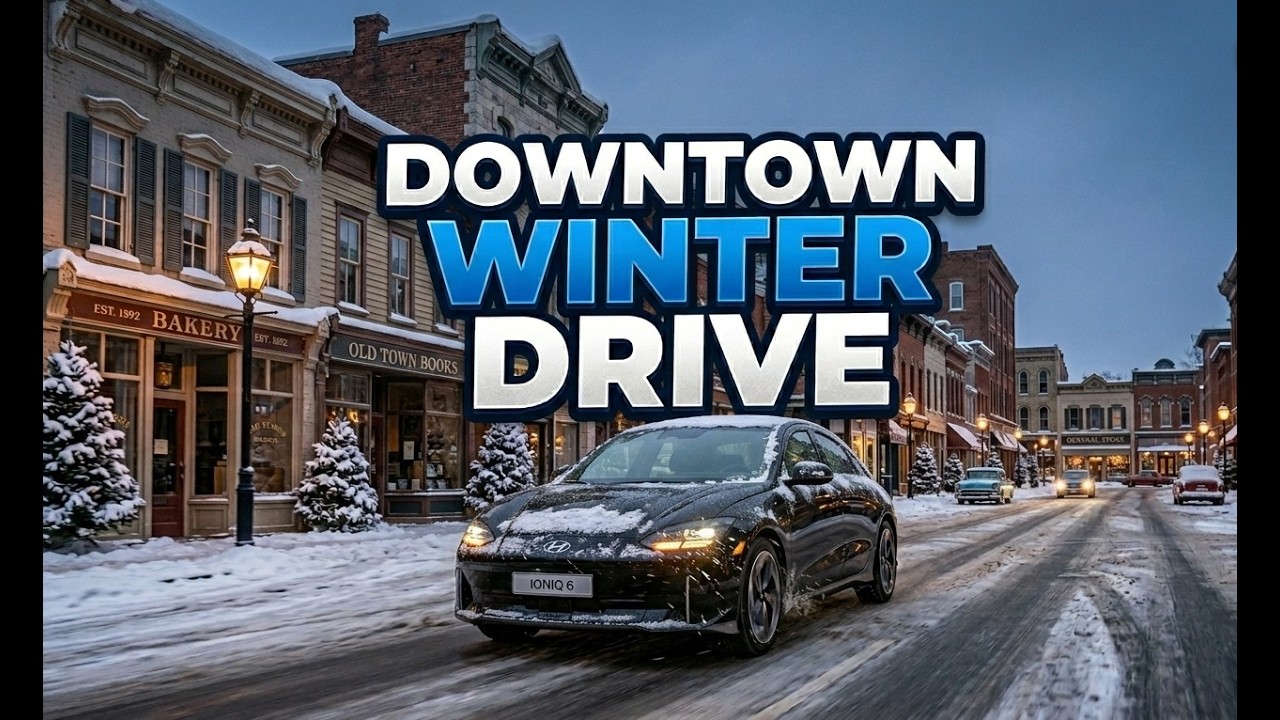 Downtown Winter City Drive Tour snow storm Cambridge Ontario Canada Hyundai Ioniq 6 Snow mode.