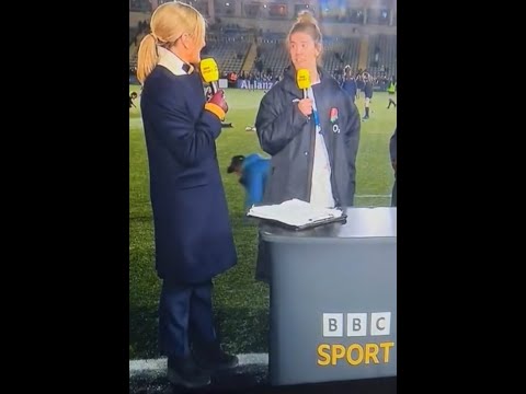 England Women's Rugby player hilariously crawls along pitch during live interview