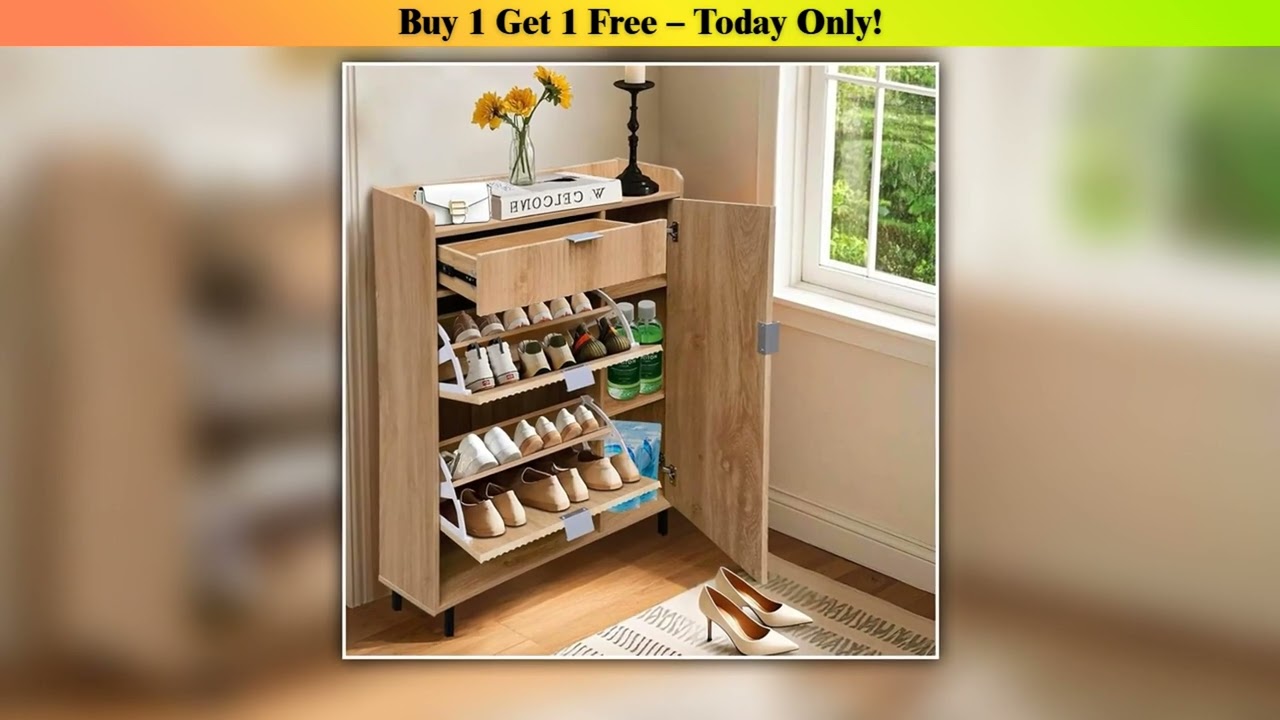 Deal Shoe Storage Cabinet with 2 Flip Drawers 1 Drawers Freestanding Shoe Organizer for Entryway