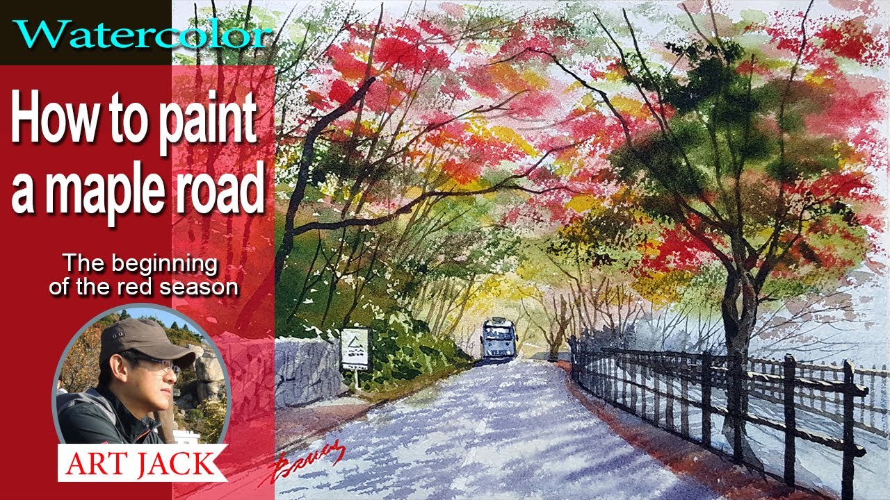 Landscape watercolor | How to paint a maple road | Autumn scenery ...