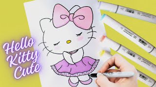 💗DESSIN MIGNON DE HELLO KITTY : COMMENT DESSINER HELLO KITTY AVEC UNE JUPE ET UN NOEUD - COLORATION