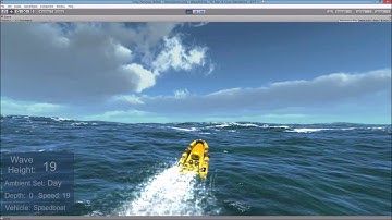 High wave physics ocean with speedboat, submarine and vehicles