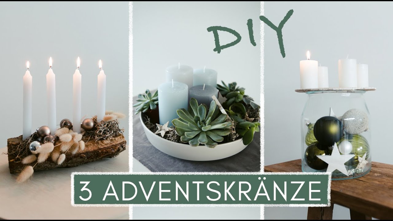 DIY Adventskranz - 3 moderne Ideen mit Sukkulenten, Weihnachtsbaumkugeln und Holz