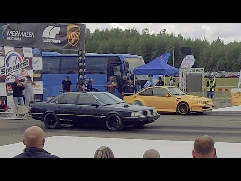Видео: '83 Opel Manta 2.8 HX52Pro vs 1000+WHP Audi 200 20v 2.5TQ 1/4 mile drag race