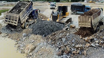 Watchful Landfill Work! Filling Stones into Wetland Push by Shantui DH17C3 Dozer & Dump Truck Unload