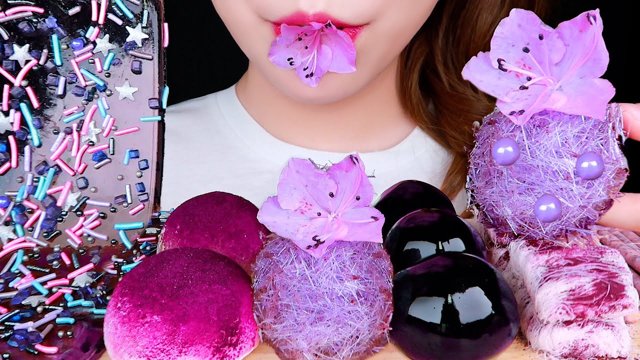 ASMR GALAXY SHEET JELLY, ANGEL HAIR CANDY, ICE TTEOK *PURPLE DESSERT* 먹방 EATINGSOUNDS MUKBANG