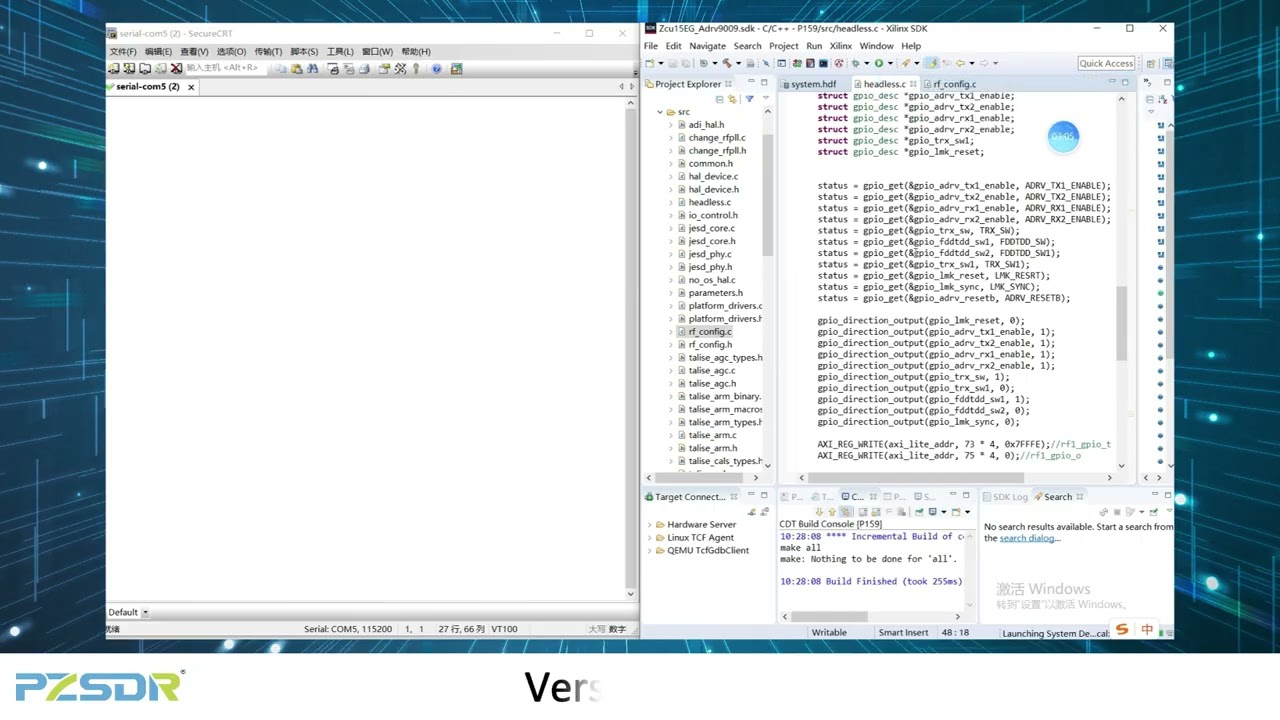 Puzhi PZSDR P159 (ZU15EG+ADRV9009) Bare metal Code Demo Video 