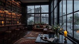 Cozy New York Bookstore Ambience in the Rain ☕ Positive Jazz Music & Brooklyn View BGM