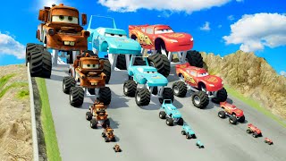 Big \& Small Monster Trucks: Tow Mater vs Lightning Mcqueen vs King Dinoco vs DOWN OF DEATH in BeamNG